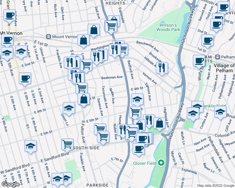 map of restaurants, bars, coffee shops, grocery stores, and more near 316 East 4th Street in Mount Vernon