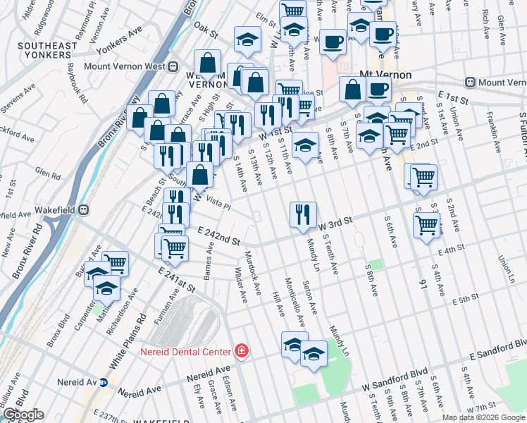 map of restaurants, bars, coffee shops, grocery stores, and more near 115 South 14th Avenue in Mount Vernon