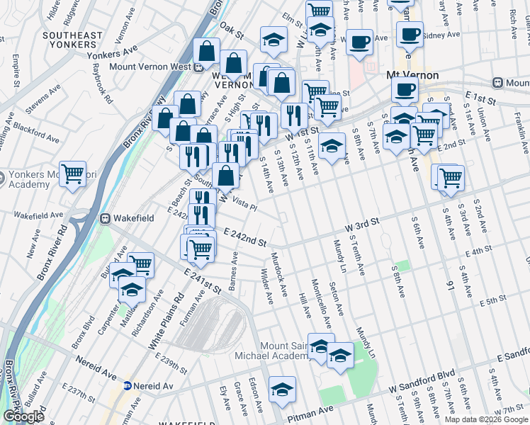 map of restaurants, bars, coffee shops, grocery stores, and more near in The Bronx