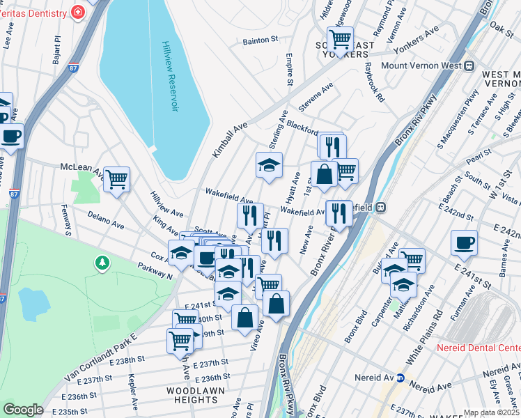 map of restaurants, bars, coffee shops, grocery stores, and more near 160 Woodlawn Avenue in Yonkers