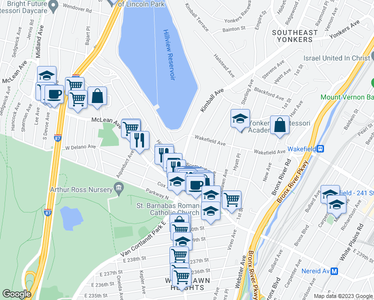 map of restaurants, bars, coffee shops, grocery stores, and more near 88 Kimball Avenue in Yonkers