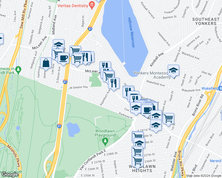 map of restaurants, bars, coffee shops, grocery stores, and more near in Yonkers