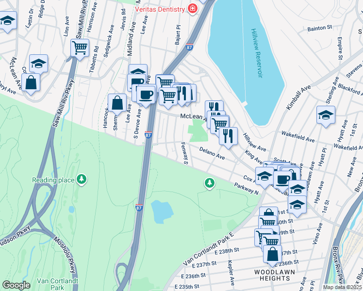 map of restaurants, bars, coffee shops, grocery stores, and more near 240 West Delano Avenue in Yonkers