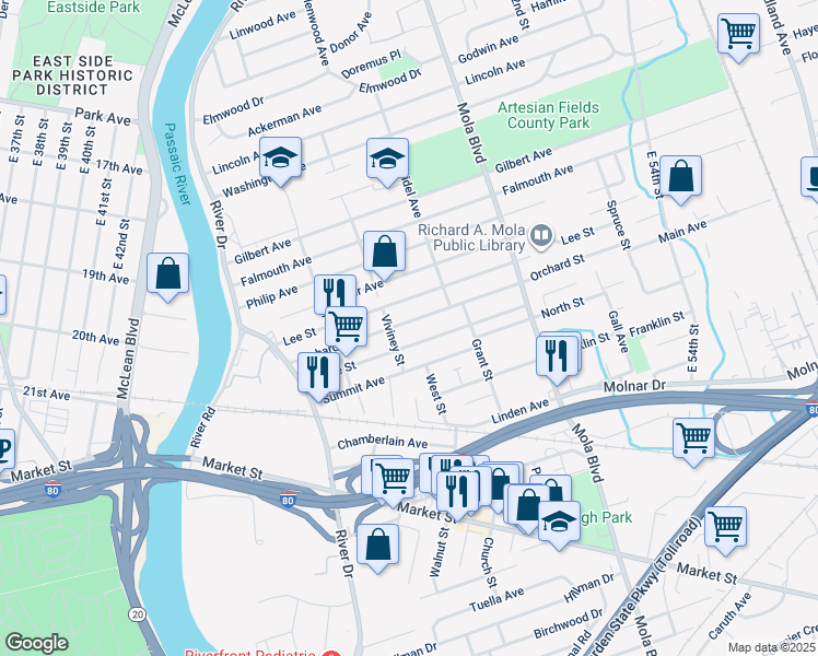 map of restaurants, bars, coffee shops, grocery stores, and more near 91 Orchard Street in Elmwood Park