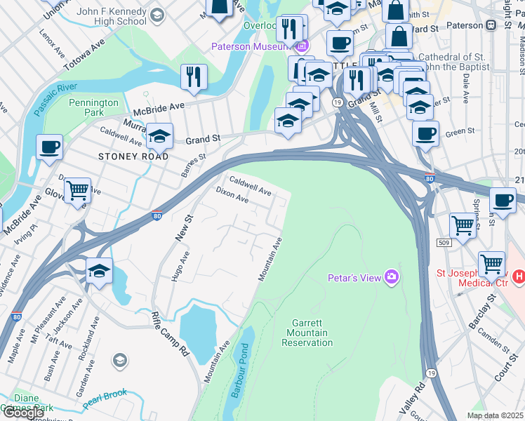 map of restaurants, bars, coffee shops, grocery stores, and more near 74 Garret Street in Paterson