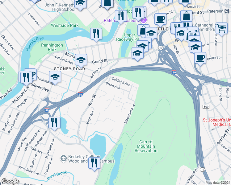 map of restaurants, bars, coffee shops, grocery stores, and more near 294 Dixon Avenue in Paterson