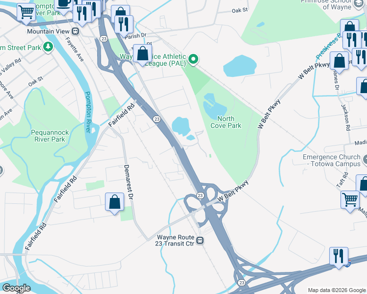 map of restaurants, bars, coffee shops, grocery stores, and more near 48 Burgess Place in Wayne