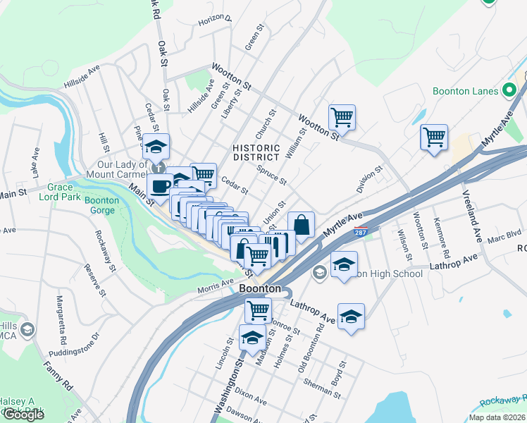 map of restaurants, bars, coffee shops, grocery stores, and more near 233 William Street in Boonton