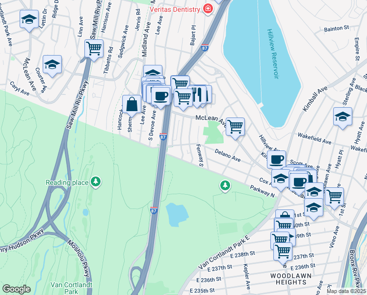 map of restaurants, bars, coffee shops, grocery stores, and more near 220 Delano Avenue in Yonkers