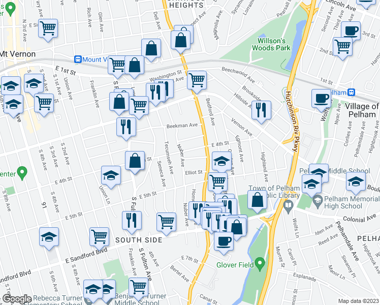 map of restaurants, bars, coffee shops, grocery stores, and more near 312 East 4th Street in Mount Vernon