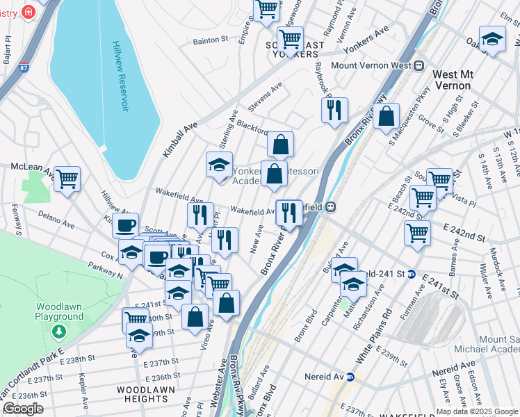 map of restaurants, bars, coffee shops, grocery stores, and more near 117 Wakefield Avenue in Yonkers