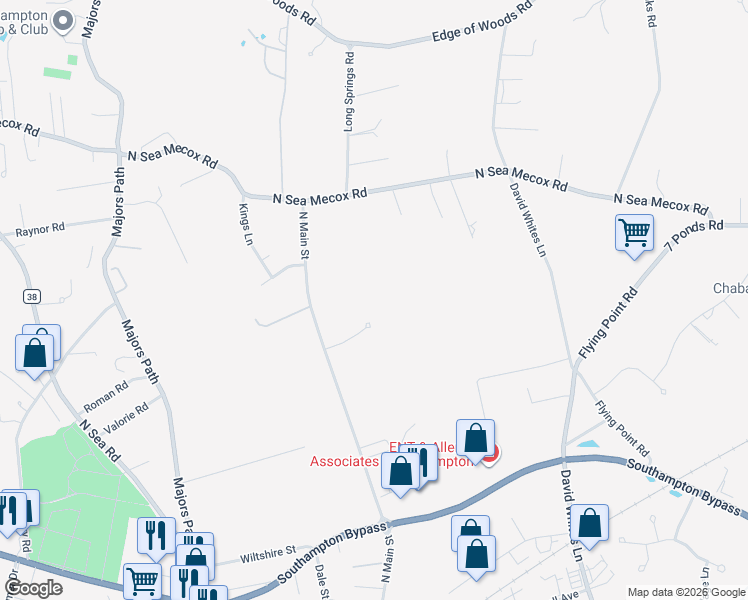map of restaurants, bars, coffee shops, grocery stores, and more near 60 Clearview Farm Road in Southampton