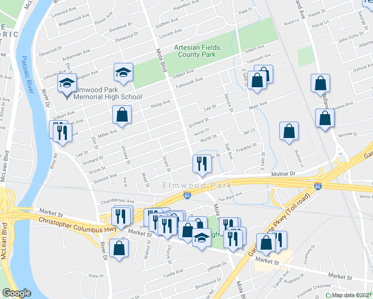 map of restaurants, bars, coffee shops, grocery stores, and more near 340 Mola Boulevard in Elmwood Park