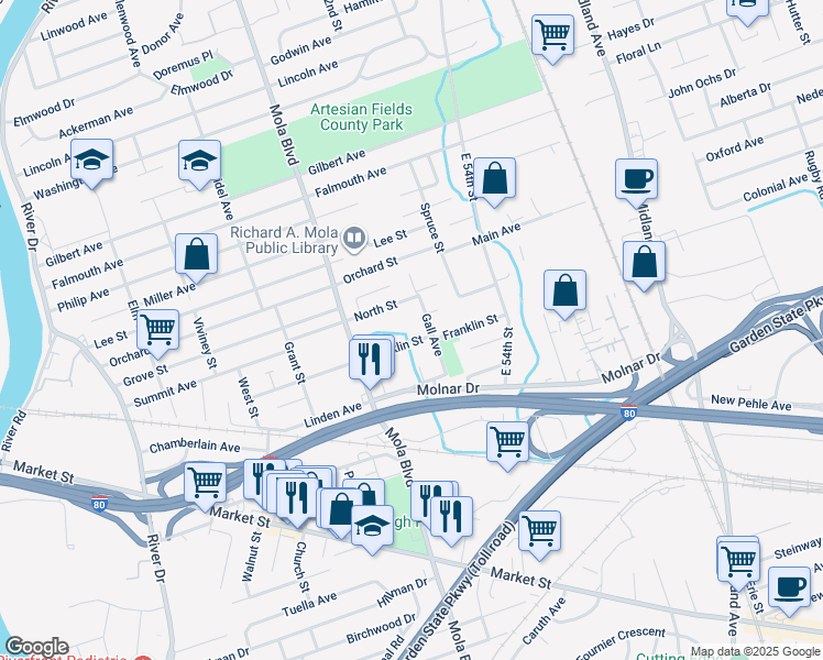 map of restaurants, bars, coffee shops, grocery stores, and more near 139 Franklin Street in Elmwood Park