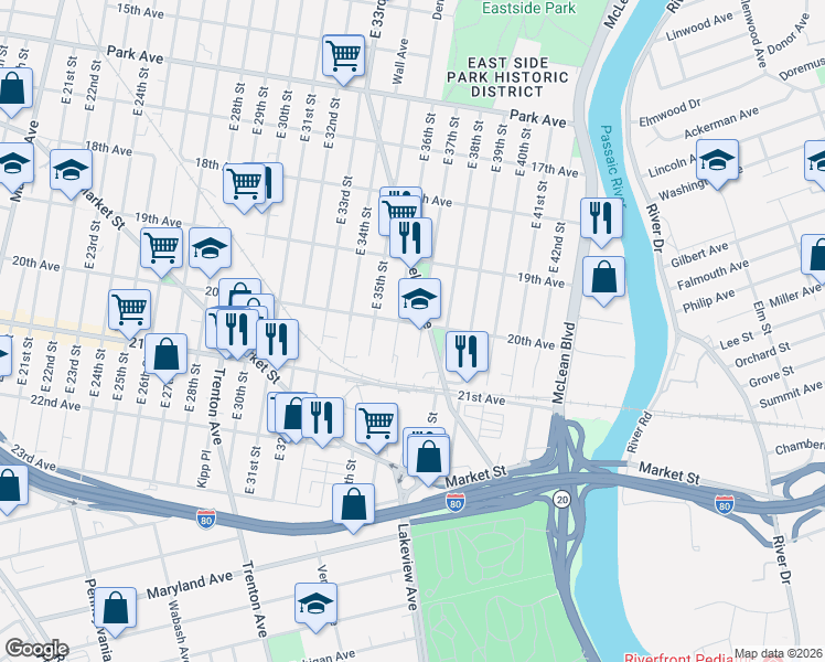 map of restaurants, bars, coffee shops, grocery stores, and more near 658 20th Avenue in Paterson