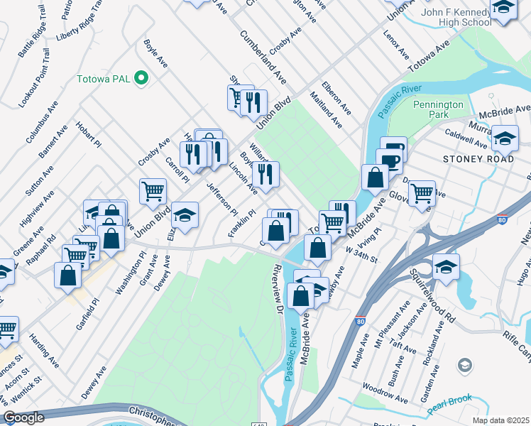 map of restaurants, bars, coffee shops, grocery stores, and more near 65 Lincoln Avenue in Totowa