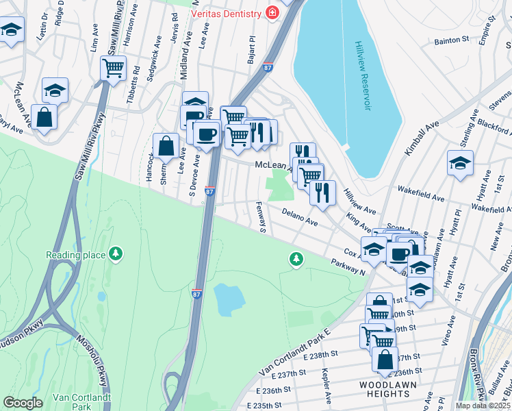 map of restaurants, bars, coffee shops, grocery stores, and more near 240 West Delano Avenue in Yonkers