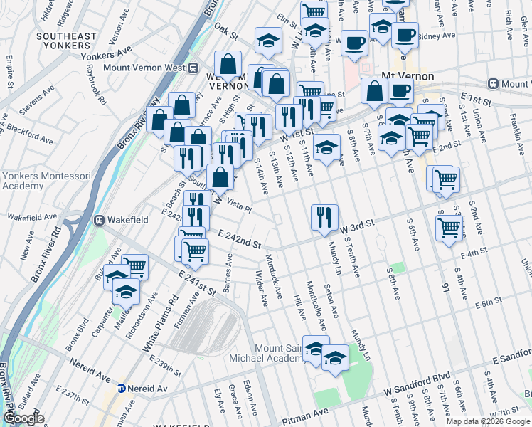 map of restaurants, bars, coffee shops, grocery stores, and more near 115 South 14th Avenue in Mount Vernon