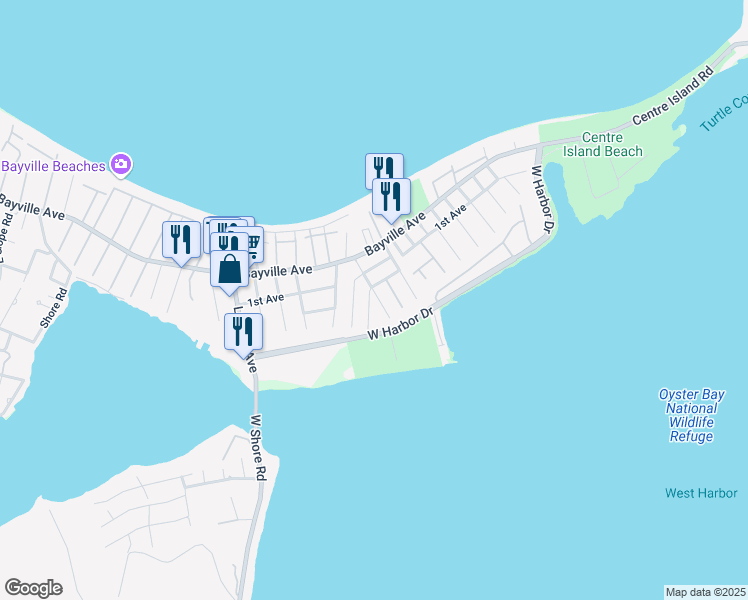 map of restaurants, bars, coffee shops, grocery stores, and more near 16 July Avenue in Bayville