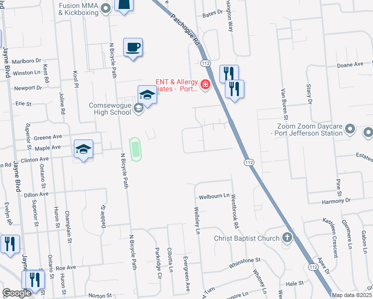 map of restaurants, bars, coffee shops, grocery stores, and more near 129 Glen Hollow Drive in Port Jefferson Station