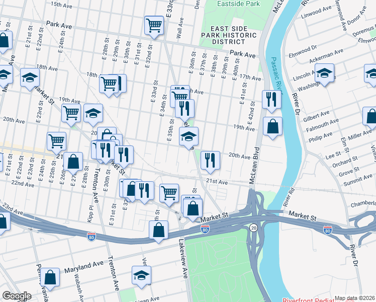 map of restaurants, bars, coffee shops, grocery stores, and more near 658 20th Avenue in Paterson