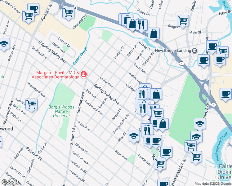 map of restaurants, bars, coffee shops, grocery stores, and more near 99 Cedar Ave in Hackensack