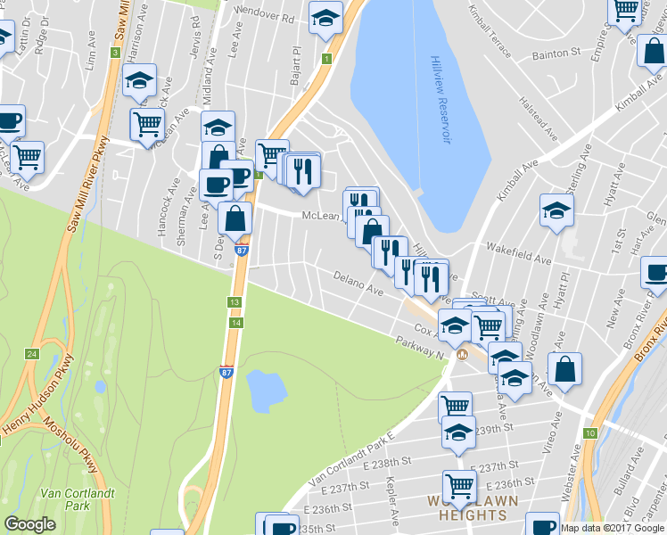 map of restaurants, bars, coffee shops, grocery stores, and more near 15 Delano Avenue in Yonkers