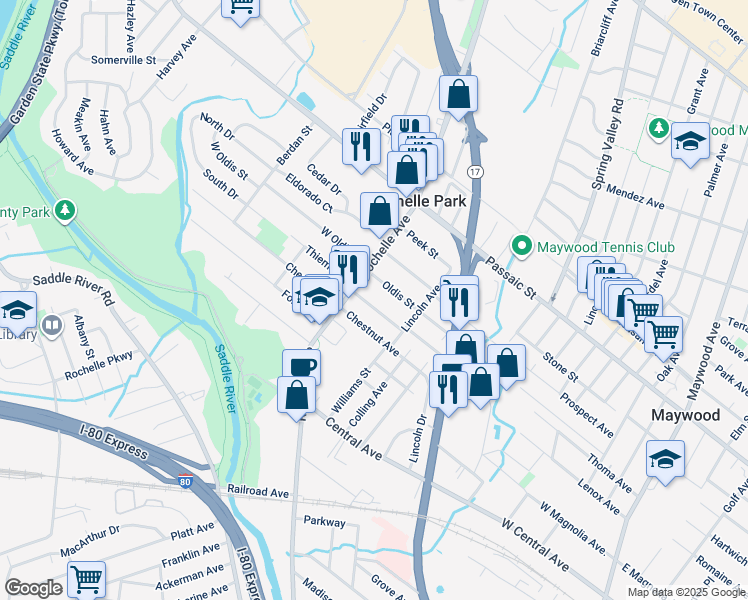 map of restaurants, bars, coffee shops, grocery stores, and more near 22 Marinus Street in Rochelle Park