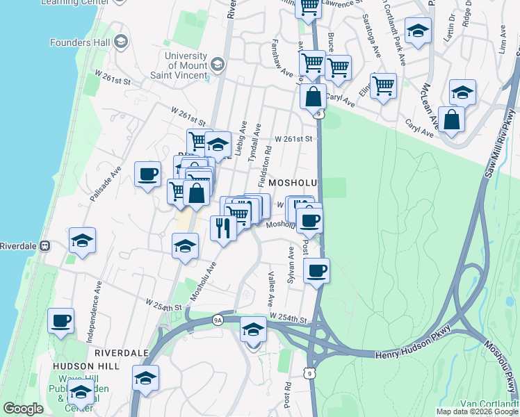 map of restaurants, bars, coffee shops, grocery stores, and more near 5831 Fieldston Road in Bronx