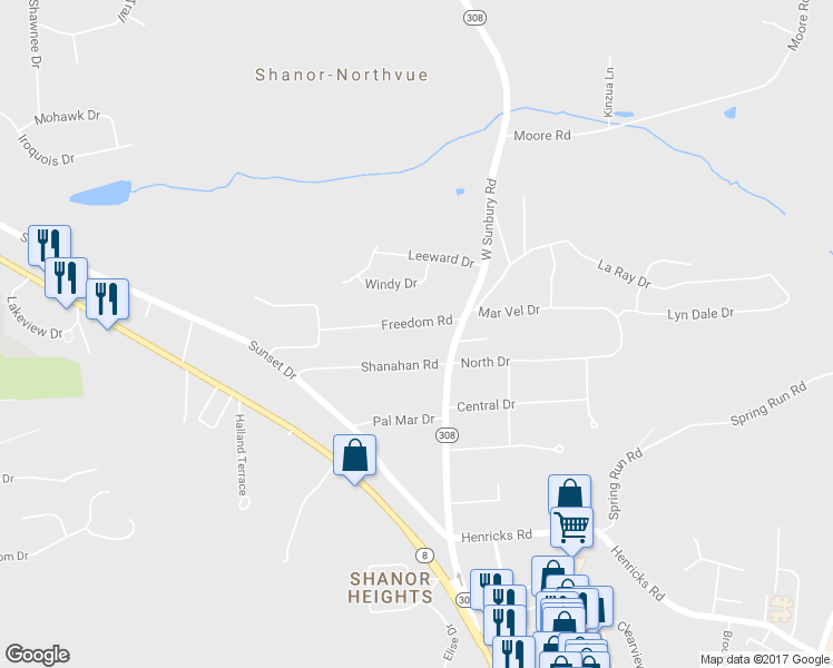 map of restaurants, bars, coffee shops, grocery stores, and more near 105 Freedom Road in Butler