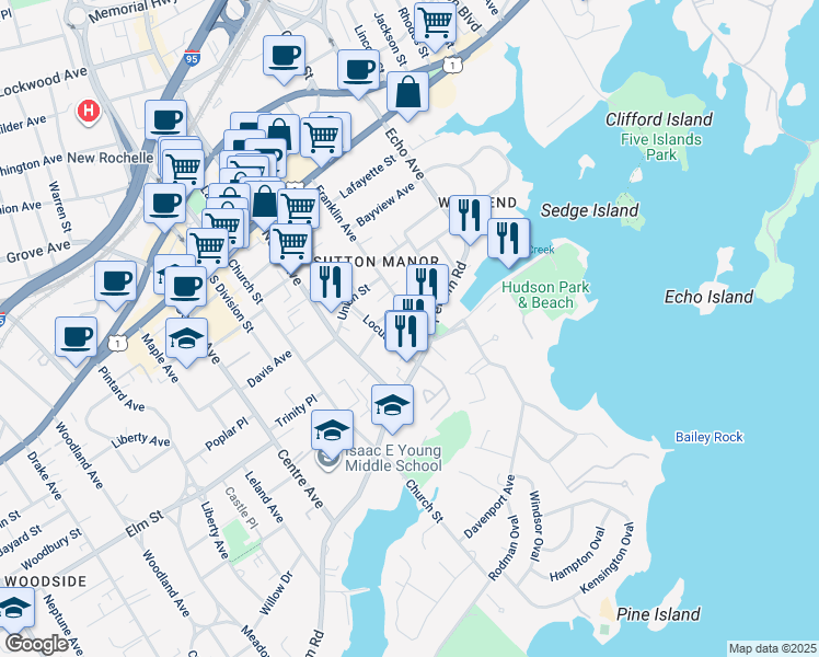 map of restaurants, bars, coffee shops, grocery stores, and more near 153 Franklin Avenue in New Rochelle