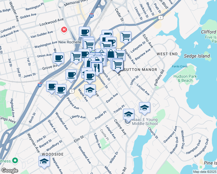 map of restaurants, bars, coffee shops, grocery stores, and more near 64 South Division Street in New Rochelle