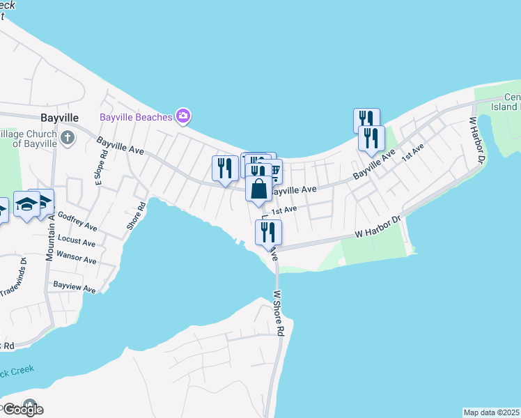 map of restaurants, bars, coffee shops, grocery stores, and more near 11 Ludlam Avenue in Bayville