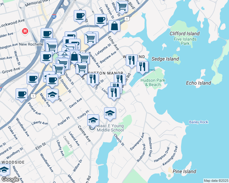 map of restaurants, bars, coffee shops, grocery stores, and more near 153 Franklin Avenue in New Rochelle