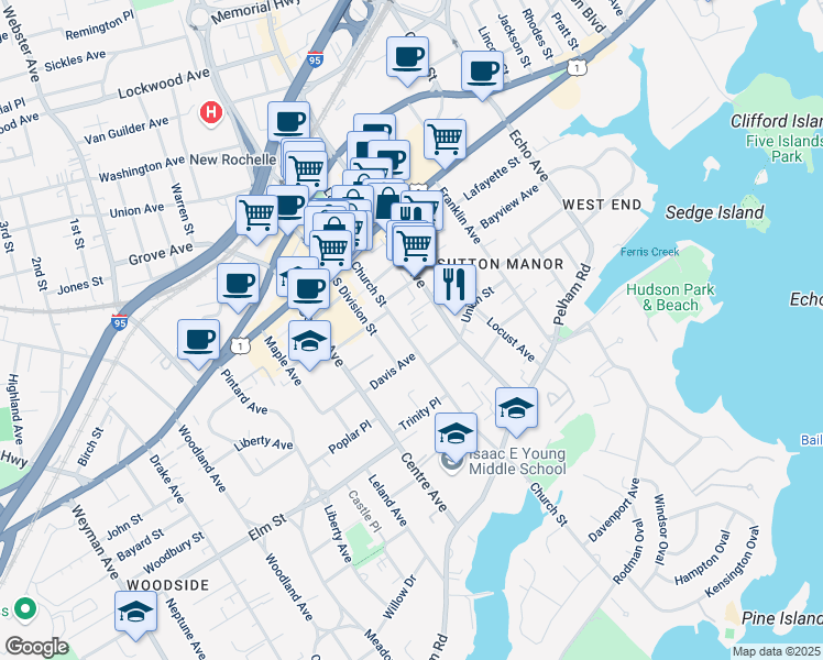 map of restaurants, bars, coffee shops, grocery stores, and more near 16 Hickory Street in New Rochelle