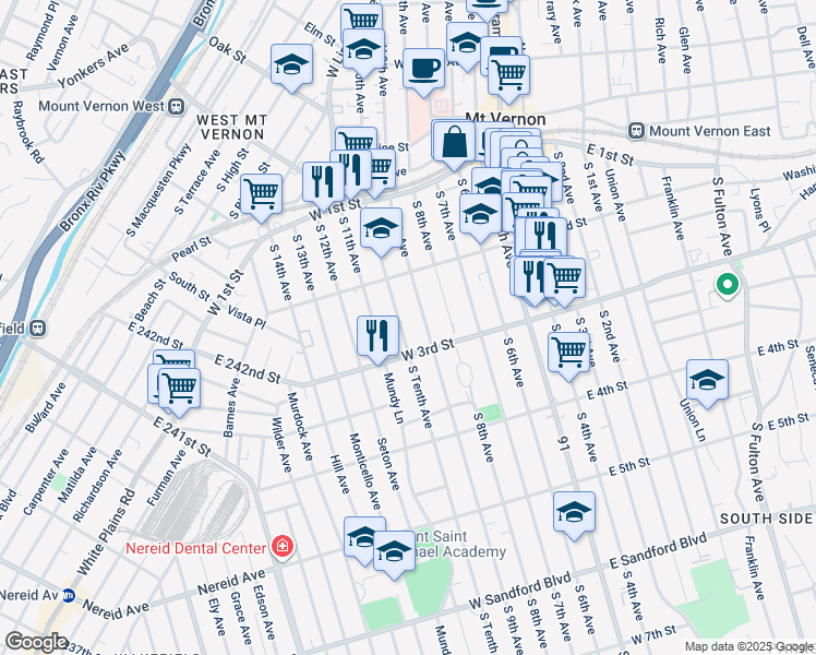 map of restaurants, bars, coffee shops, grocery stores, and more near 142 South 9th Avenue in Mount Vernon