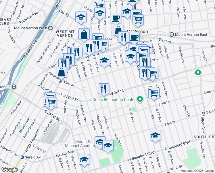 map of restaurants, bars, coffee shops, grocery stores, and more near 133 South 11th Avenue in Mount Vernon