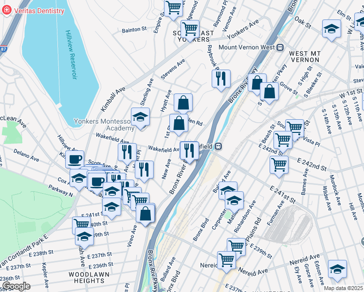 map of restaurants, bars, coffee shops, grocery stores, and more near 14 Courtney Place in Yonkers