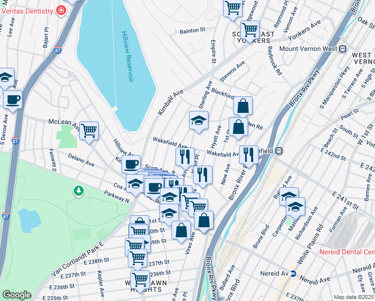 map of restaurants, bars, coffee shops, grocery stores, and more near 160 Woodlawn Avenue in Yonkers