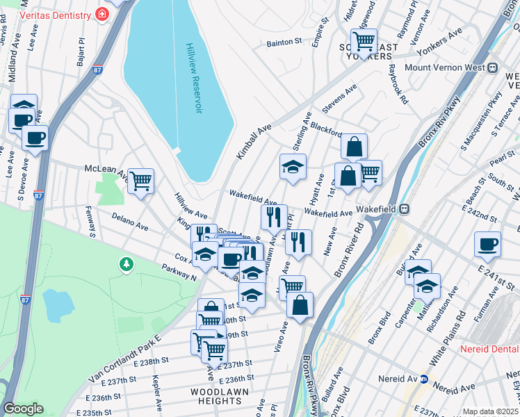 map of restaurants, bars, coffee shops, grocery stores, and more near 95 Sterling Avenue in Yonkers