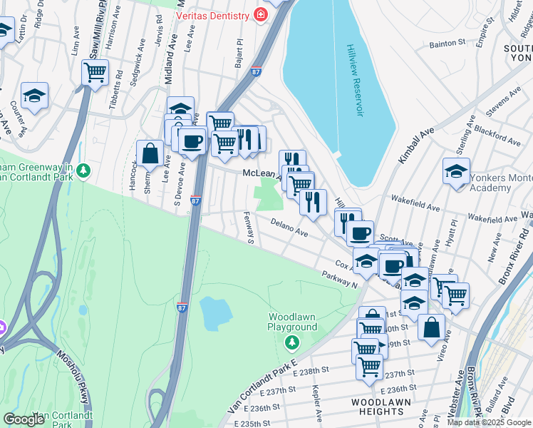 map of restaurants, bars, coffee shops, grocery stores, and more near 15 Delano Avenue in Yonkers