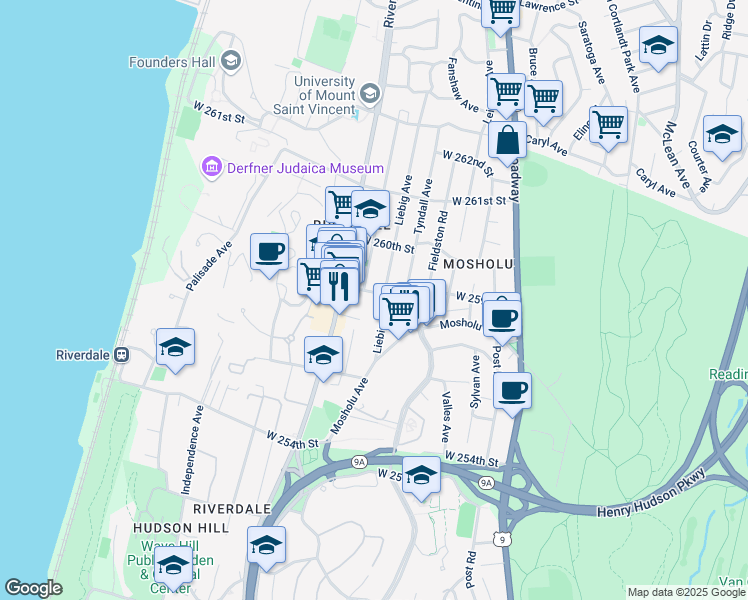 map of restaurants, bars, coffee shops, grocery stores, and more near 418 West 259th Street in Bronx