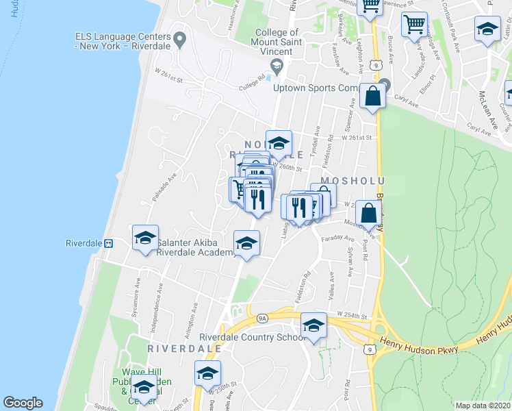 map of restaurants, bars, coffee shops, grocery stores, and more near 5671 Riverdale Avenue in Bronx