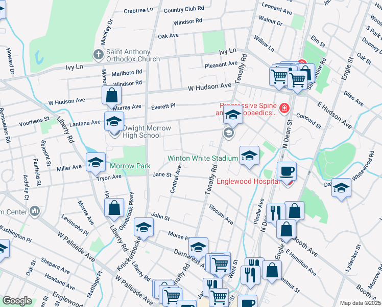 map of restaurants, bars, coffee shops, grocery stores, and more near 165 Tryon Avenue in Englewood