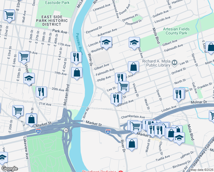 map of restaurants, bars, coffee shops, grocery stores, and more near 18 Miller Avenue in Elmwood Park