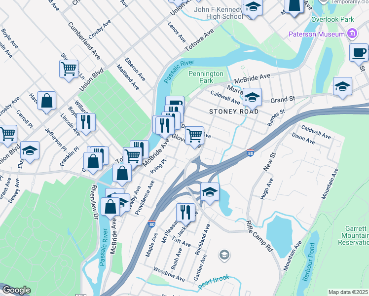 map of restaurants, bars, coffee shops, grocery stores, and more near 48 Ferrary Place in Woodland Park