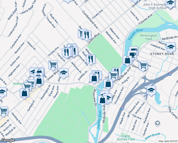 map of restaurants, bars, coffee shops, grocery stores, and more near 65 Lincoln Avenue in Totowa