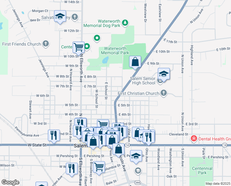 map of restaurants, bars, coffee shops, grocery stores, and more near 627 North Lincoln Avenue in Salem