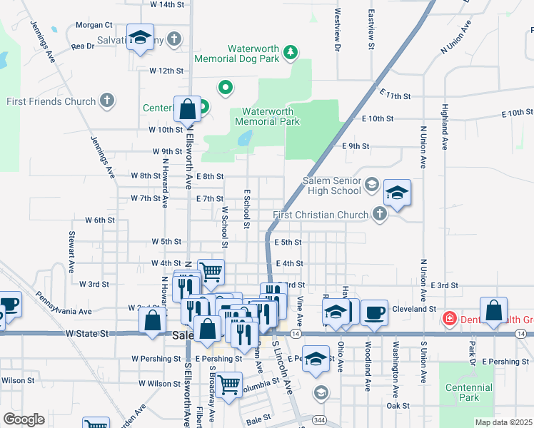 map of restaurants, bars, coffee shops, grocery stores, and more near 627 North Lincoln Avenue in Salem
