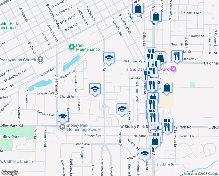 map of restaurants, bars, coffee shops, grocery stores, and more near 708 West Hedde Street in Grand Island